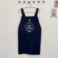 Detail of navy blue cotton apron with white frying pan print and two front pockets - Navy Blue - I EAT MY FOOD Print