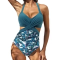 Detail of cross halter neckline and tropical palm leaf print on cutout monokini - Peacock Green Leaf