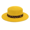 Dettaglio cappello di paglia giallo con nastro leopardato e rivetto dorato - M (56-58cm) / Giallo
