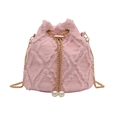 Pink denim bucket bag with frayed quilted pattern and pearl drawstring detailing - Pink