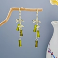 Bamboo leaf long drop earrings in gold finish with emerald green resin and zircons - Gold Emerald Bamboo Drip (E3777)