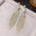 Elegant silver long tassel drop earrings with flower design and sparkling zircon accents - Silver Flower Zirconia Tassel (628)