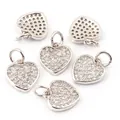 Set of 6 silver heart charms with pavé set zircon for DIY jewelry making - Heart Type C / White Gold