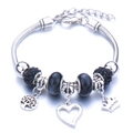 Silver beaded bracelet with black charms and Princess crown pendant for women - Black
