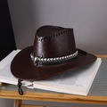 Dark brown PU leather western cowboy hat with metal bull head buckle and stitched brim - Adult (55-60cm) / Dark Red