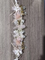 Pink and white fabric flower headband with pearls and gold metal leaves on wood - Original Wreath 30cm