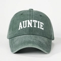 Detail of AUNTIE embroidery on washed dark green cotton twill baseball cap with curved brim - One Size / Dark Green