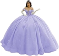 Off-the-shoulder lavender ball gown with crystal beading and floral appliques - Lavender with Train