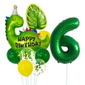 Détail du set d'anniversaire dinosaure avec ballon chiffre 6 vert et feuille tropicale - Dinosaure Avec Chapeau Numéro 6