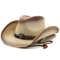 Gradient brown western cowboy straw hat with bull head pendant and adjustable cord - M (56-58cm) / Beige Gradient Coffee