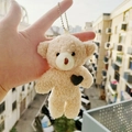 Cute cream-colored teddy bear plush keychain with green heart detail and metal chain - Green Heart Bear