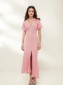 Pink knit maxi dress with puff sleeves and button-down V-neck for casual vacation style - S / Pink