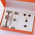 5-teiliges Kleeblatt Schmuckset mit roségoldener Quarzuhr und passenden schwarzen Accessoires - Roségold Schwarzes Kleeblatt Set (Ohne Box)