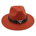 Detail of rust red felt jazz hat with ethnic woven band and silver bull skull ornament - Caramel (Colored Steer)