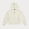 Detailed view of cream hoodie with black star logo, side zipper and cotton texture - S / Snow White