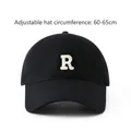 Black cotton baseball cap with white embroidered R letter and 60-65cm adjustable strap - R Letter Hat-Black