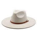 Detail of cream fedora hat featuring a brown leather band and gold metal rivet accents - M(56-59CM) / Suede / Off White