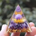 Handheld Orgonite pyramid with purple sphere, lotus and gold leaf in resin - Deep Purple Leaf Ball / Small