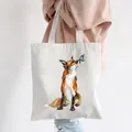 White canvas tote bag featuring an artistic watercolor fox and blue butterfly print - Style C9-Fox And Butterfly