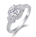 Close-up of sparkling moissanite ring with round brilliant cut in a classic 6-prong setting - R13057-6.5/1 Carat/6.5mm-gra/black Card / US Size 7 / Circumference 54.3mm