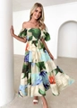Detail of off-shoulder floral dress with tiered skirt and tropical prints on beige fabric - Deep Green Oil Painting