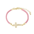Detailed view of pink woven Milan rope bracelet with micro-pave zircon gold cross charm - Cross / Pink