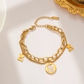 Gold double-layer titanium steel chain bracelet with bear charms and mother of pearl - Gold