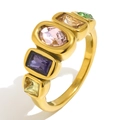 Anillo de acero inoxidable chapado en oro de 18 quilates con cinco circonitas de colores. - Talla 7 / Dorado Multicolor