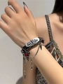 Y2K punk leather bracelet with silver cross and red gemstone heart charm for women - Maillard Embossed Red Leather Bracelet