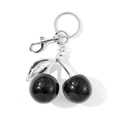 Chic black glitter cherry keychain with silver metal leaf and lobster clasp attachment - Black Fine Glitter With Silver Leaf (KC2412)
