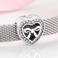 S925 sterling silver heart charm with bowknot and cubic zirconia for mesh bracelets - Bow Heart (PP0050)
