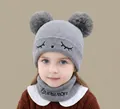Grey infant winter knit set with pom-poms, earflaps, and love me more embroidered scarf - Squinting Outfit Gray (2 Months - 2 Years)