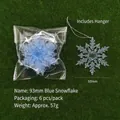 Set of 6 blue 93mm transparent snowflake ornaments with silver hanging strings - Snowflake / 93mm / Blue