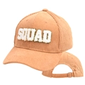 Detail view of corduroy baseball cap with SQUAD plush patch and metal back buckle - SQUAD-Brown
