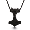 Viking wolf head Mjolnir pendant in black stainless steel finish on twisted rope chain - Black Pendant (KP83341-BDJX)