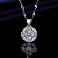 Silver plated necklace with round floral pendant and clear zircon stones on dark base - Xl-136 [with Four-leaf Clover Chain]