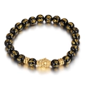 Ethnisches schwarzes Onyx-Perlenarmband mit goldenem Buddhakopf und Mantra-Symbolen - Goldener Buddha-Kopf-Stil (KB75573-BD)