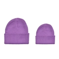 Flat lay of purple ribbed knit beanies in two sizes for matching parent and child sets - Purple