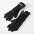 Women's black wool winter gloves with a stylish golden horsebit buckle and warm fleece lining - 169 Black