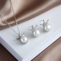 Titanium steel jewelry set with pearl crown pendant necklace and stud earrings - Set / Silver