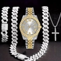 Luxury iced out watch and Cuban link jewelry set with cross pendant in gold and silver - White Dial Two Tone Gold Silver (Without Box)
