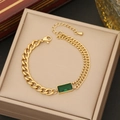 Chic double layer stainless steel necklace with emerald square pendant in gold finish - Emerald Green Rectangular Pendant Asymmetric Horsebit Chain Bracelet (2# Bracelet)