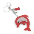 Sparkling red and white rhinestone dolphin keychain with vibrant red leather tassel - Red