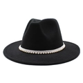 Detail of a black wool fedora featuring an elegant white pearl beaded hatband - M (56-58cm) / Black