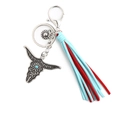 Bohemian bull head keychain with silver finish featuring red and blue cotton tassels - Blue Red