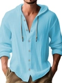 Light blue men's hooded cotton linen shirt with long sleeves and buttoned front - S / Top (Long Sleeve) / Sky Blue