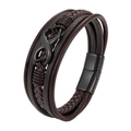 Brown braided leather bracelet with black magnetic clasp and infinity symbol charm - Black Brown