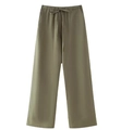 Detailed view of women olive green wide leg trousers with high waist drawstring and linen texture - Green Pants