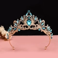 Detail of golden baroque crown featuring sky blue crystals and sparkling rhinestones - No.2 KC Gold (White + Lake Blue)