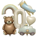 Matte retro balloon set with cream number 0, brown bear, airplane and rainbow - Vintage Cream Set 0